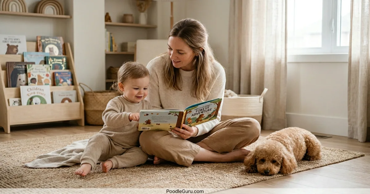 Parent sitting with toddler and miniature poodle while reading a picture book together