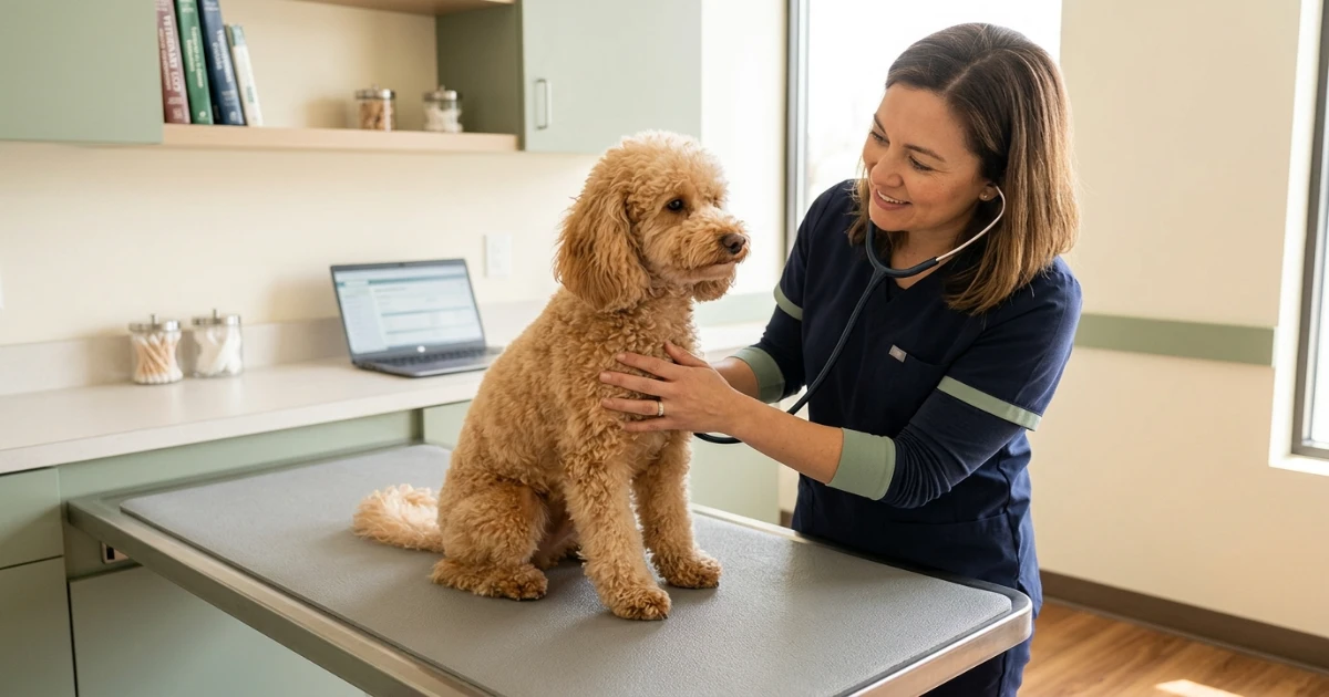 Miniature poodle sitting calmly during a veterinary examination