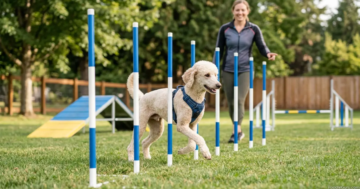 Moyen poodle training on an agility course showing athletic medium size and focus