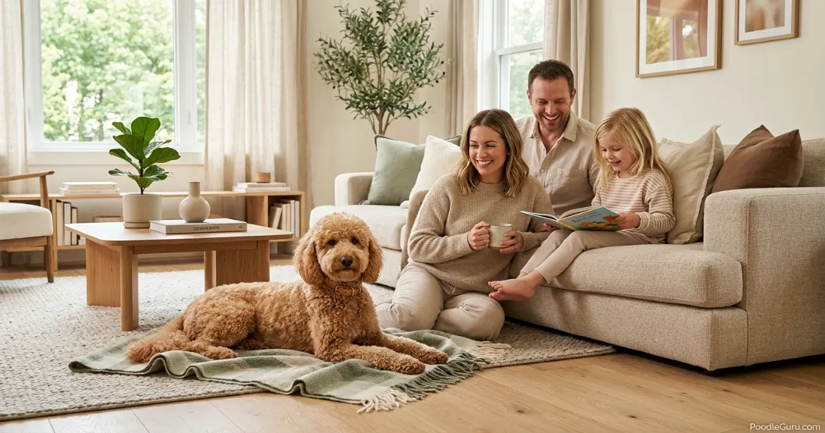 Moyen poodle relaxing with a family in a calm living room showing medium size for home life