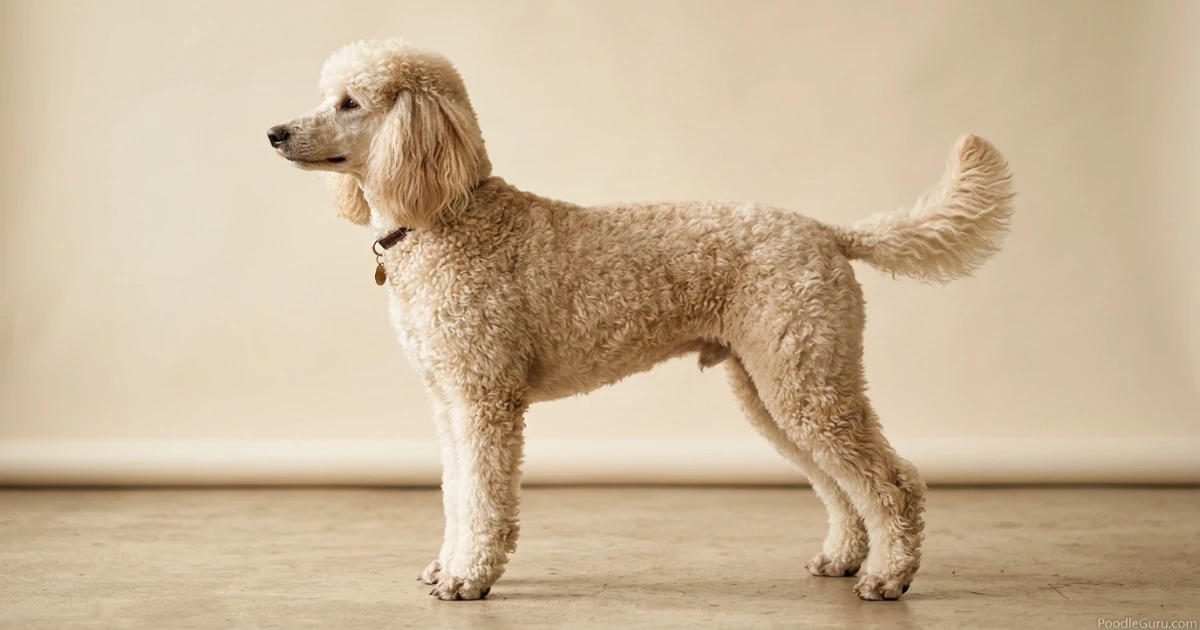 Moyen poodle standing in full profile showing medium build and balanced poodle proportions