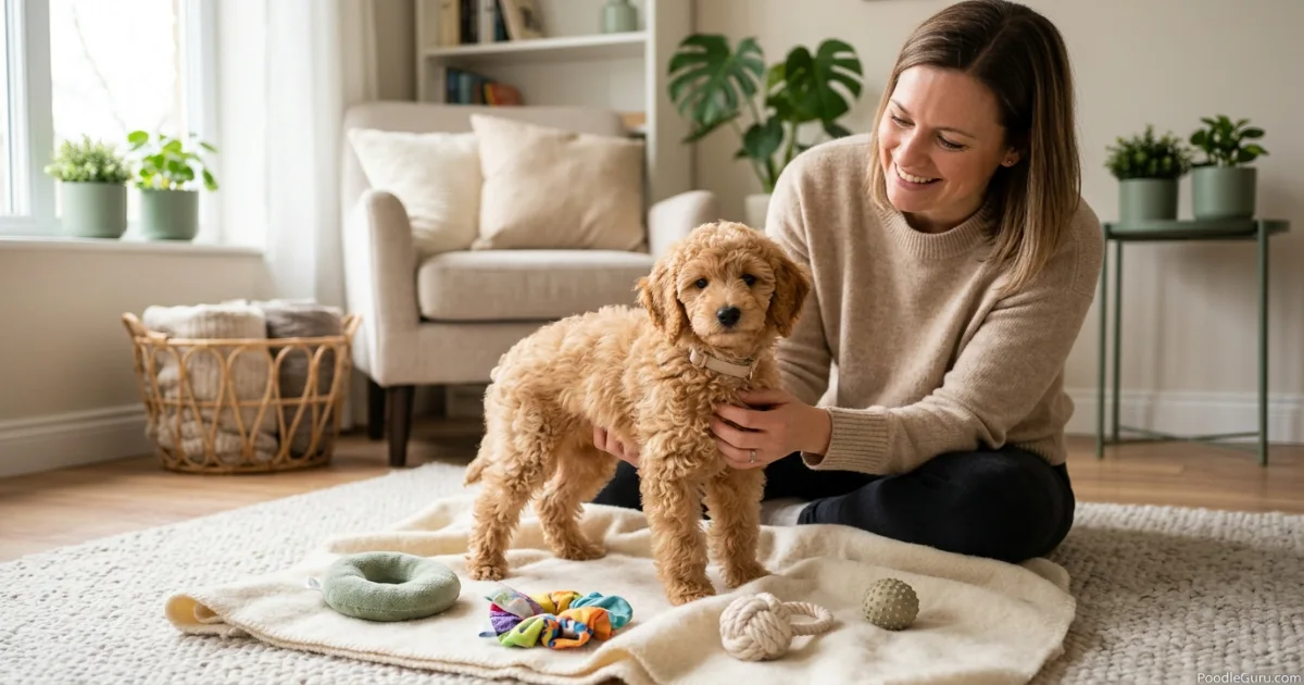 Moyen poodle puppy being gently socialized in a clean home environment