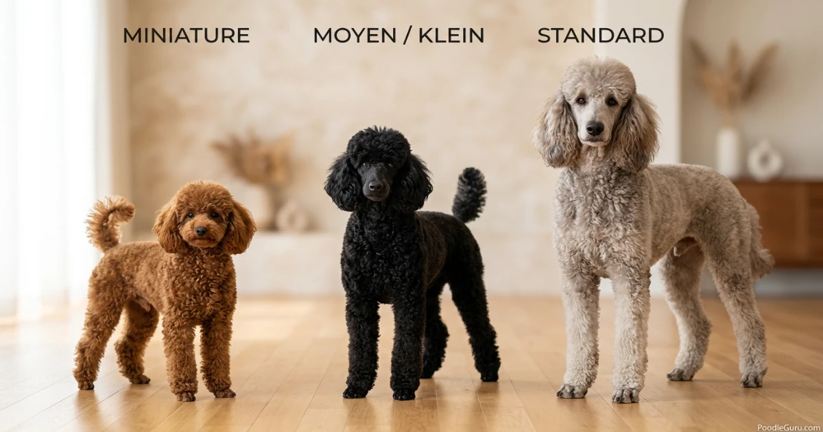 Miniature Moyen and Standard poodle standing side by side for size comparison