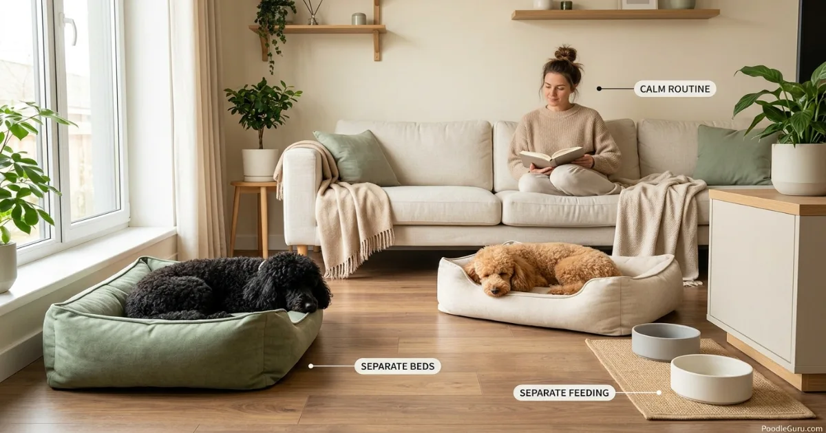 Two poodles resting calmly in a multi-dog home with separate beds and bowls