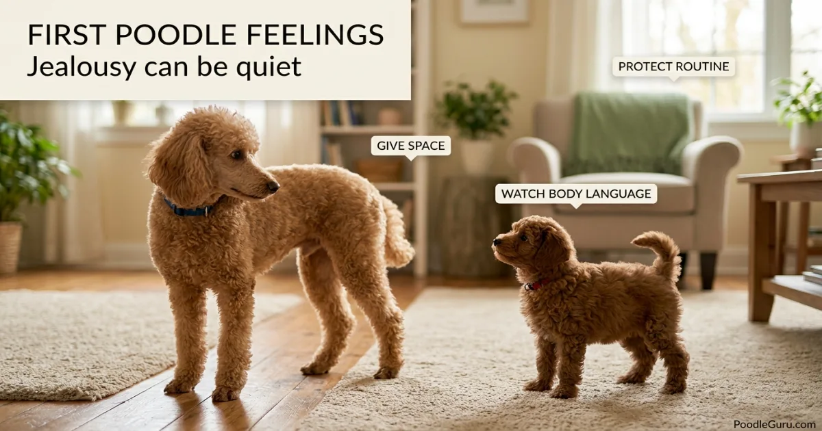 An older apricot poodle turning its head away from a bouncy brown poodle puppy