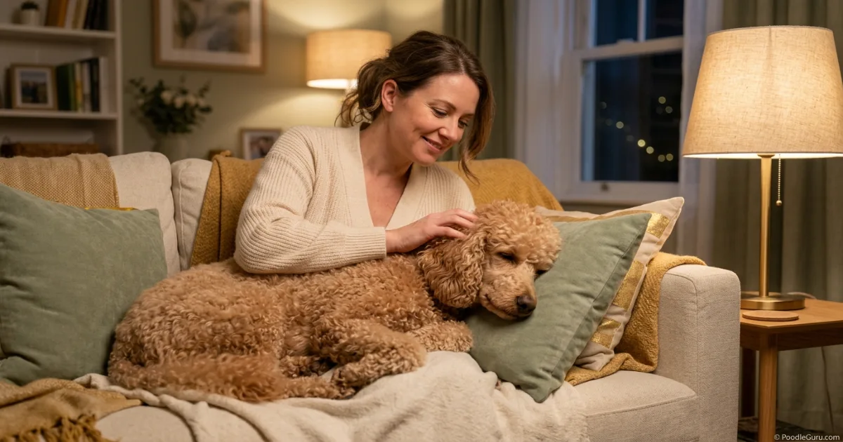 Owner gently stroking a sleepy Standard Poodle during evening quiet time