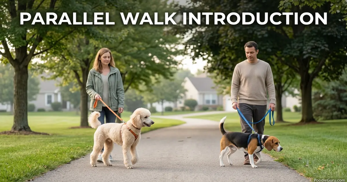 Miniature Poodle and Beagle doing a parallel walk introduction on a quiet street