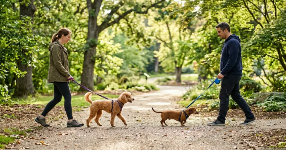 owner walking a poodle and a small dog on parallel leashes during introduction