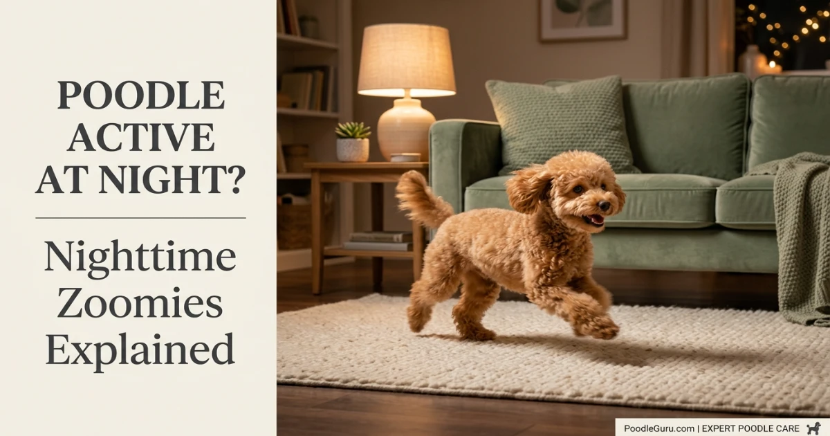 Toy poodle active at night running zoomies across a living room rug