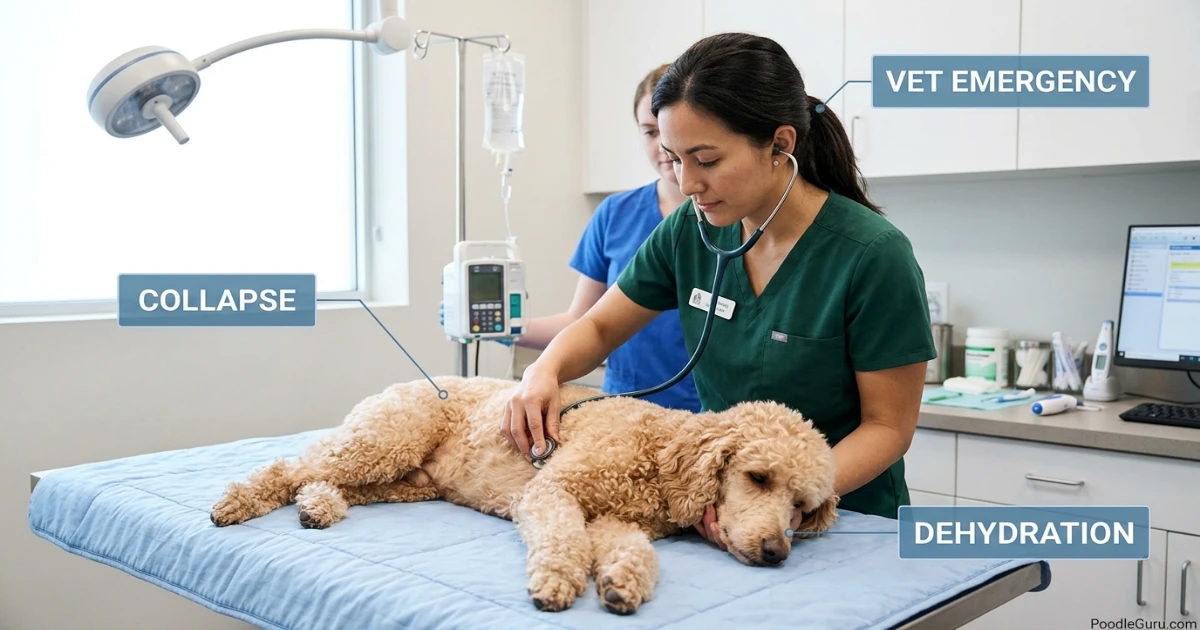 Veterinarian examining a weak Standard Poodle suspected of Addisonian crisis