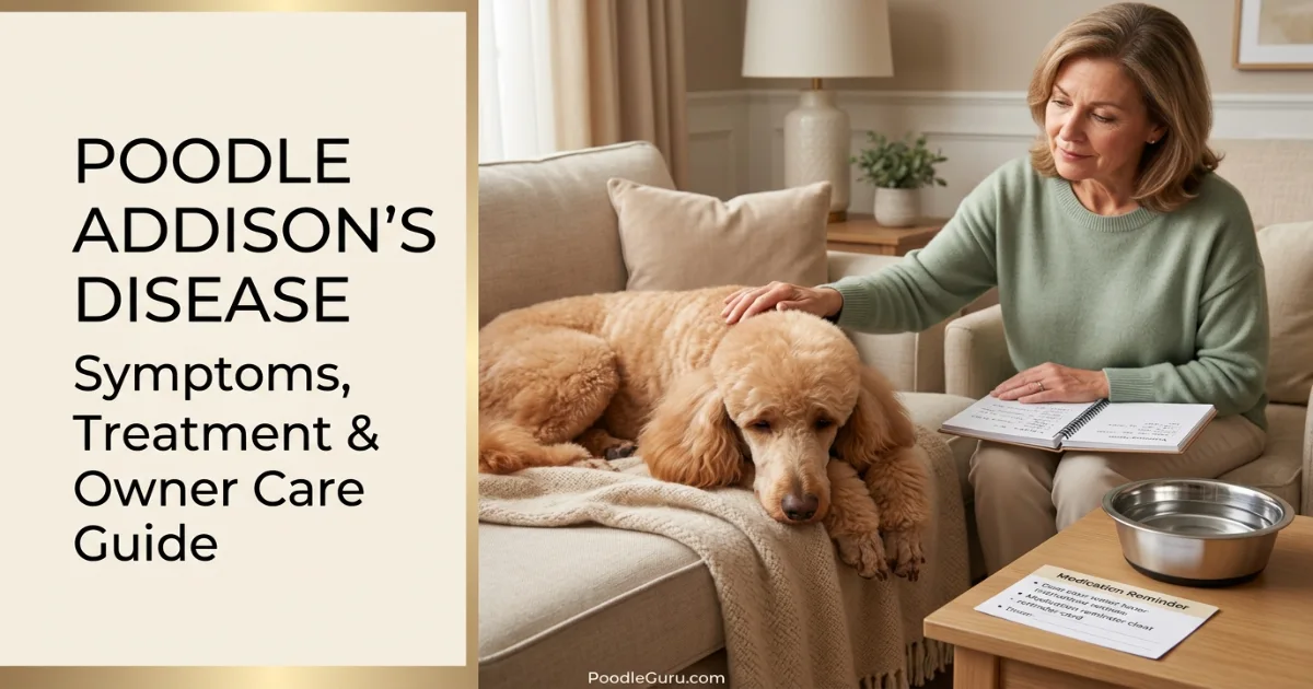 Standard Poodle resting calmly at home with owner monitoring Addison's disease symptoms