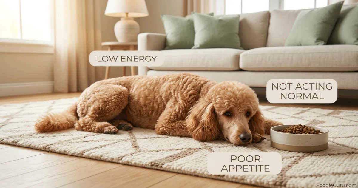 Standard Poodle showing early signs of Addison's disease lying down and uninterested in food