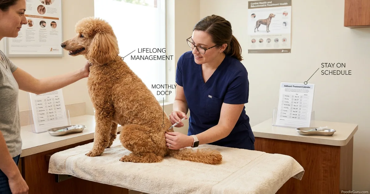 Owner calmly giving prescribed Addison's disease medication to a Standard Poodle at home