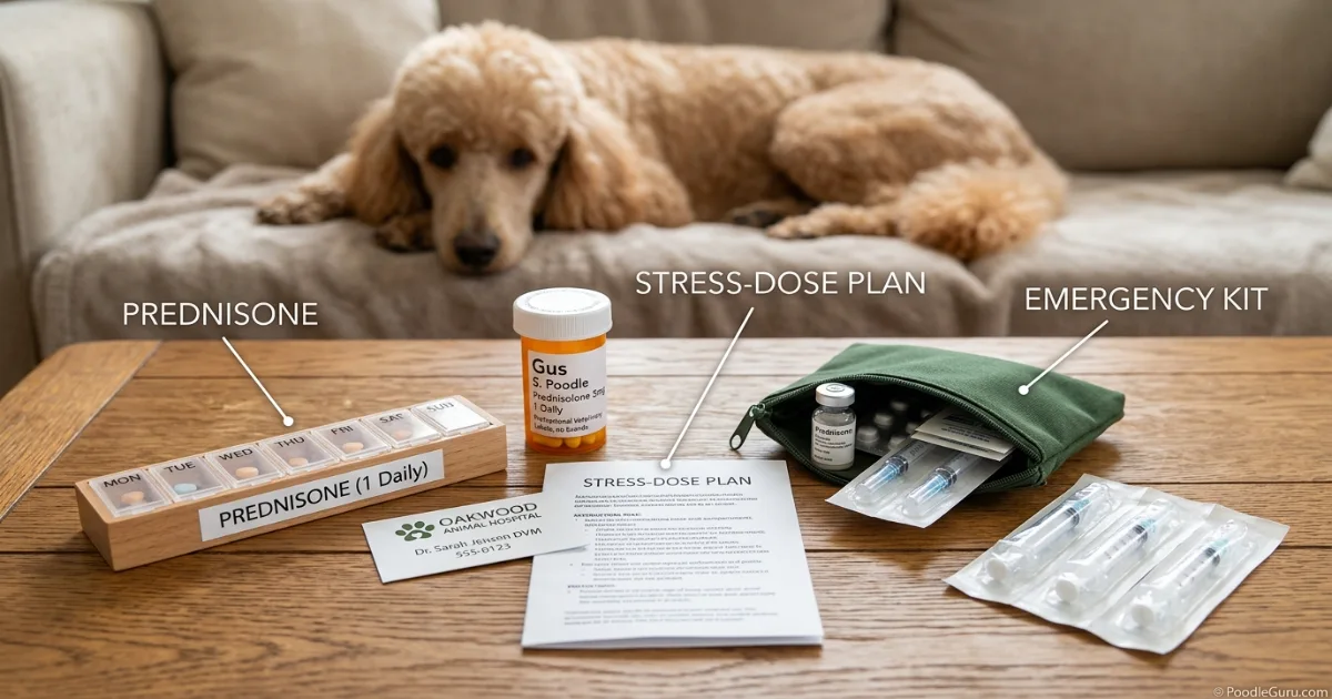 Emergency medication kit for a Poodle with Addison's disease including veterinary instructions