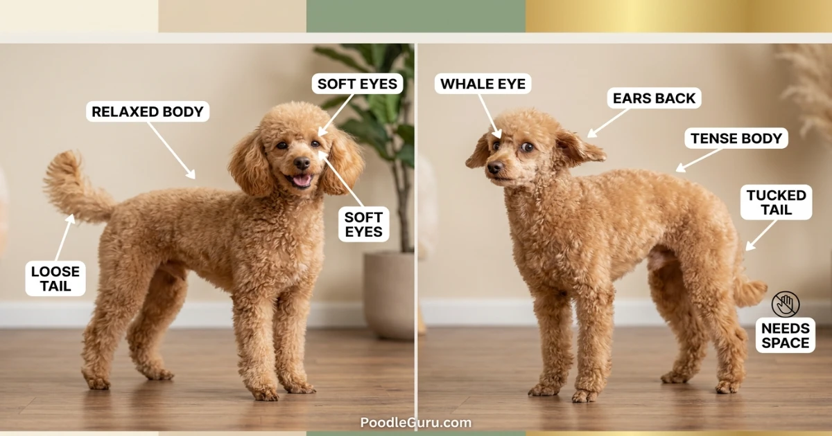 Side-by-side comparison of a relaxed poodle and a tense poodle showing fear aggression signals