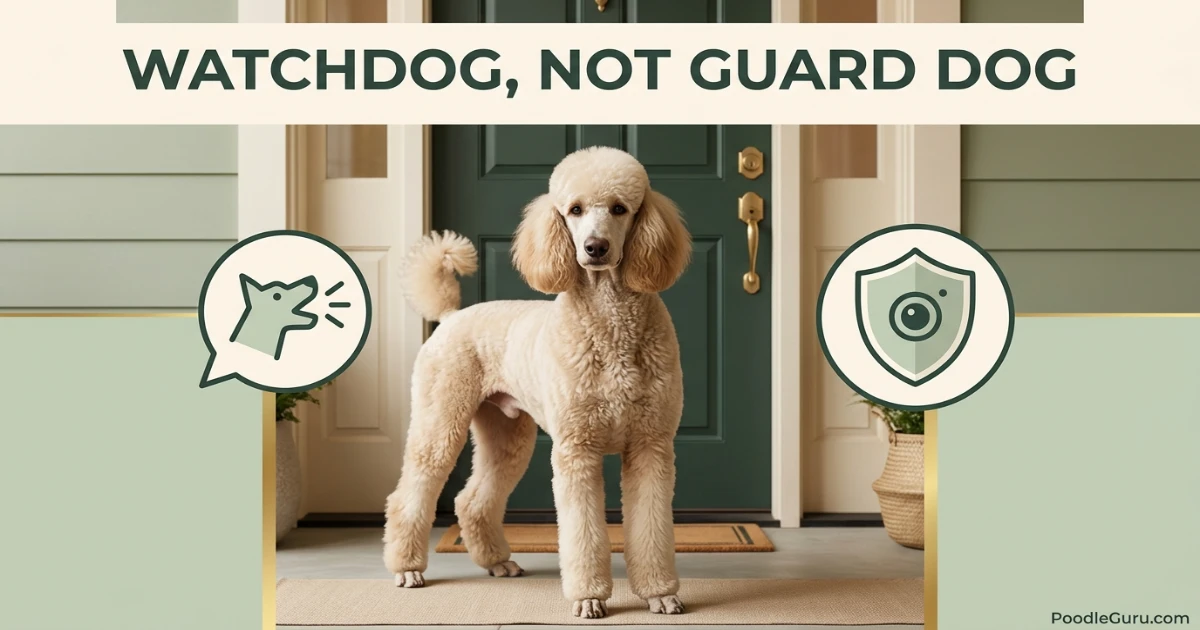 Miniature Poodle learning calm watchdog training near a front door