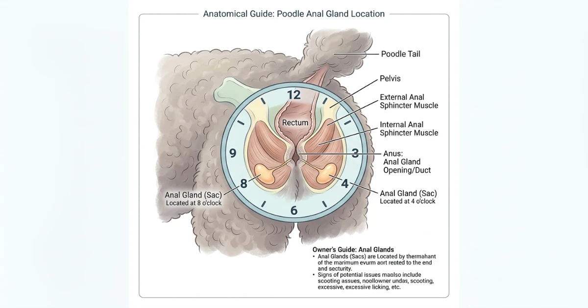 Poodle anal gland expression anatomy diagram showing approximate anal sac location near the anus