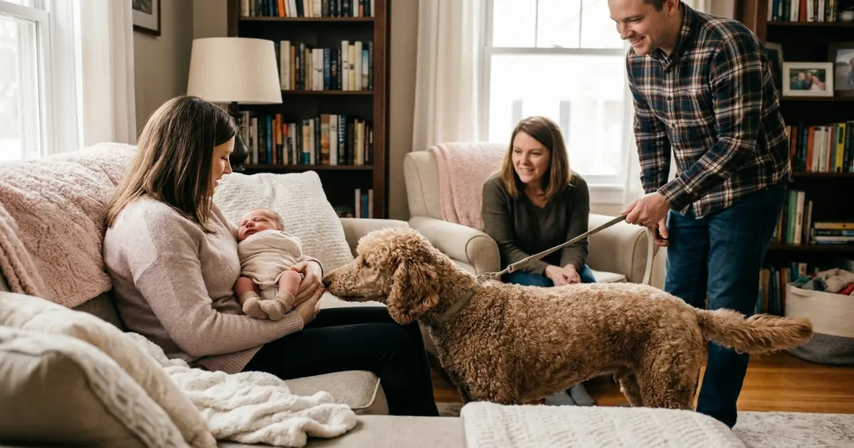 Baby and Standard Poodle sharing a gentle moment of bonding and trust