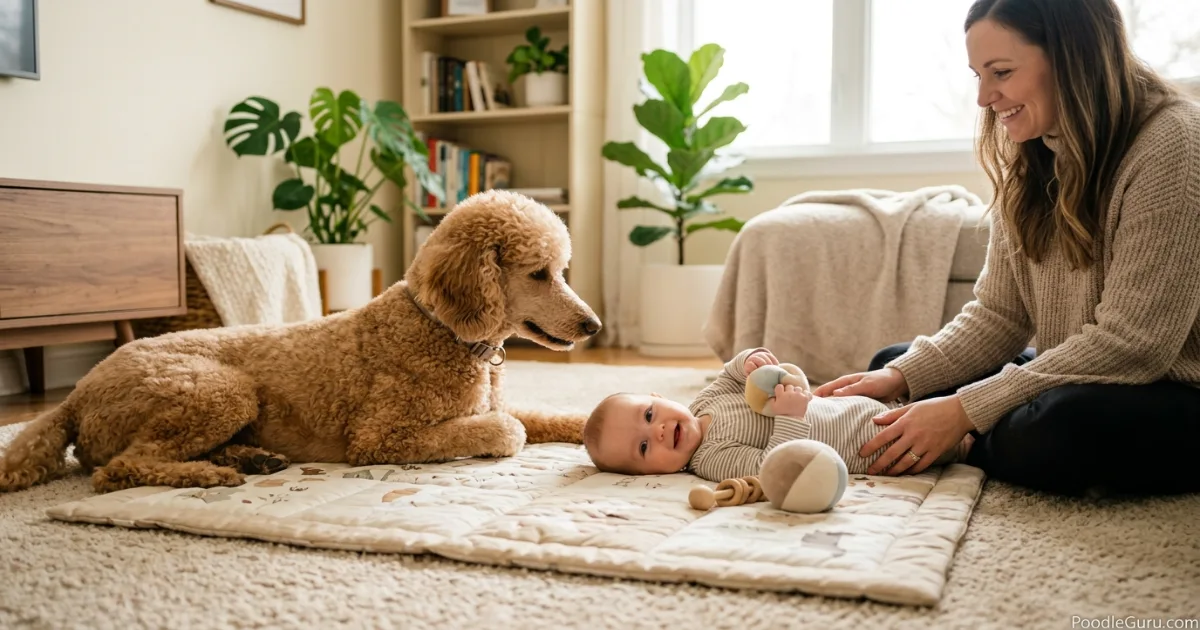 Poodle with babies and toddlers safety guide showing a calm supervised Standard Poodle near a baby playmat
