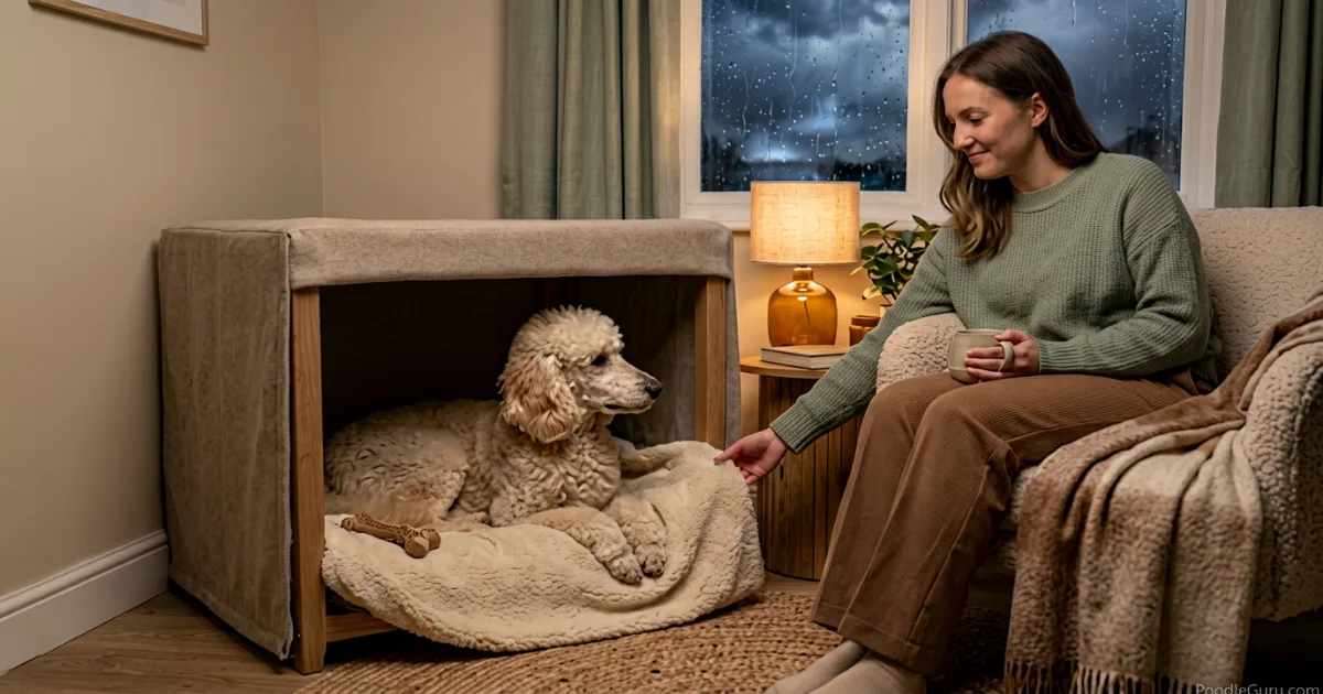 Poodle resting in a safe space during thunderstorm anxiety