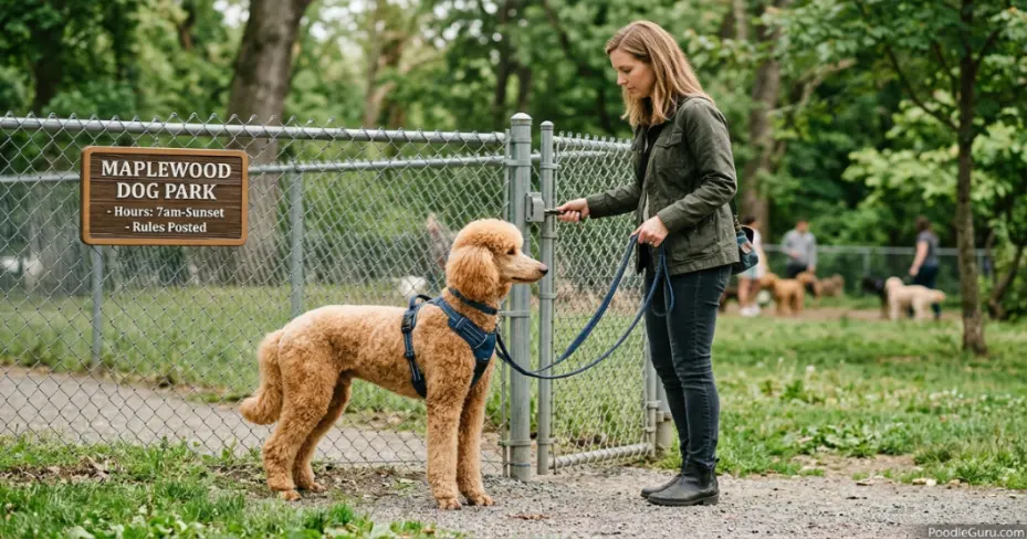 Poodle at the dog park wearing a comfortable harness while owner watches attentively