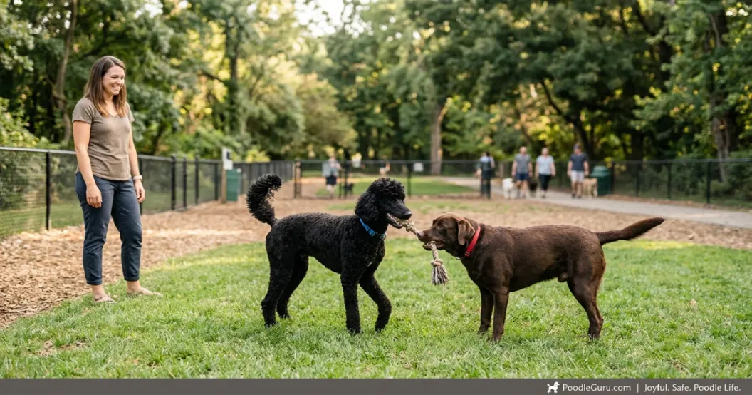 Happy standard poodle playing gently with a known dog friend at a well-kept dog park