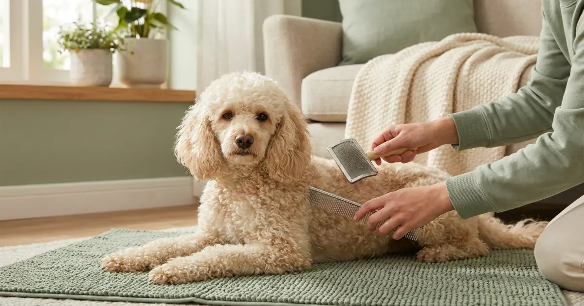 Poodle coat being brushed before bath to prevent mats from tightening