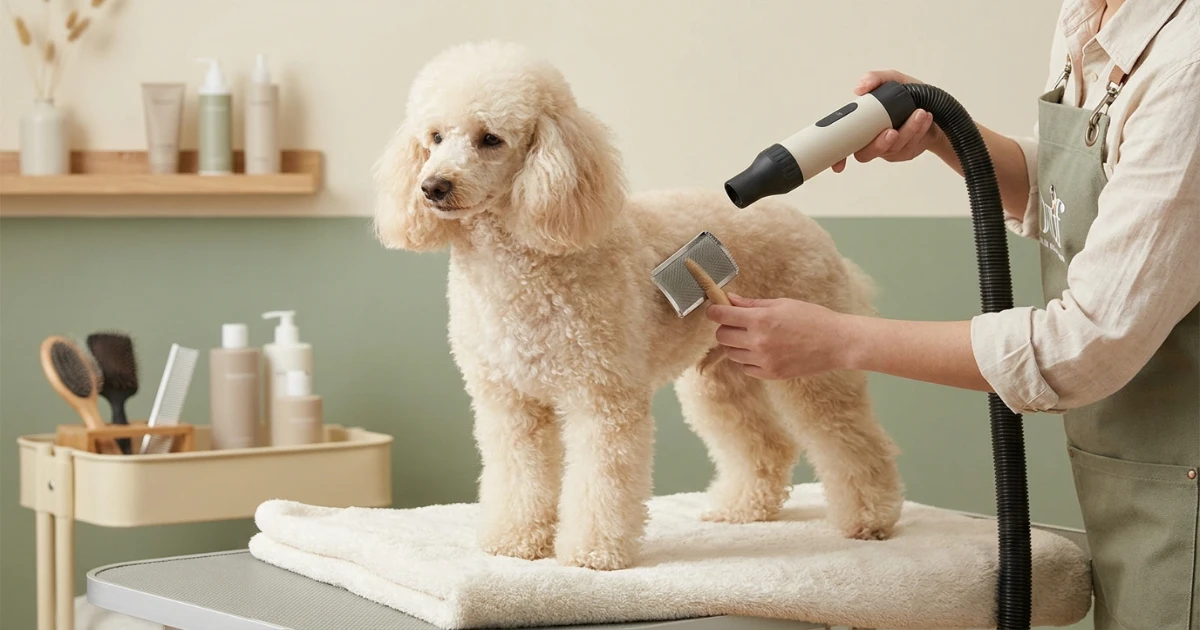 Poodle being dried with low heat dryer while owner gently brushes coat