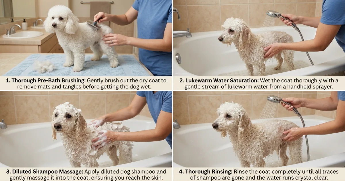 Poodle being bathed using a handheld showerhead and gentle dog shampoo