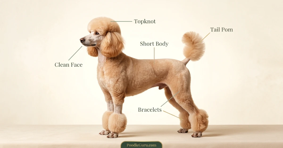 Poodle bikini clip anatomy with shaved body bracelets tail pom and topknot