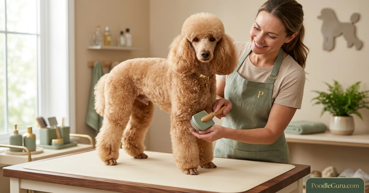 Brushing a poodle's leg bracelet in bikini clip