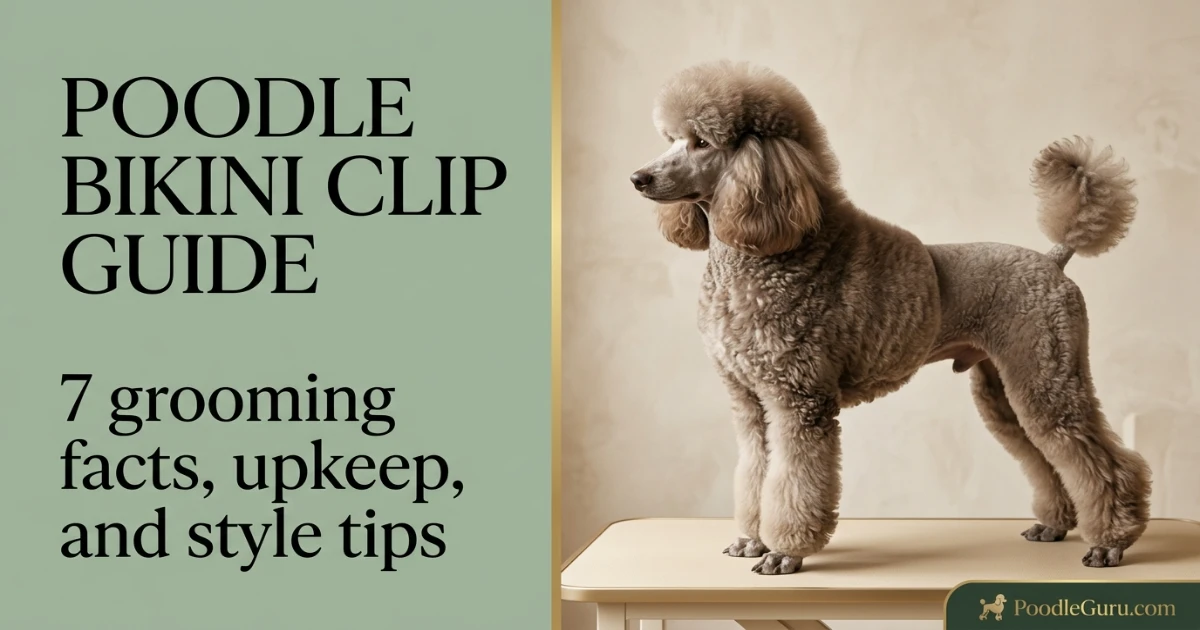 Poodle bikini clip guide with show-style bracelets and tail pom