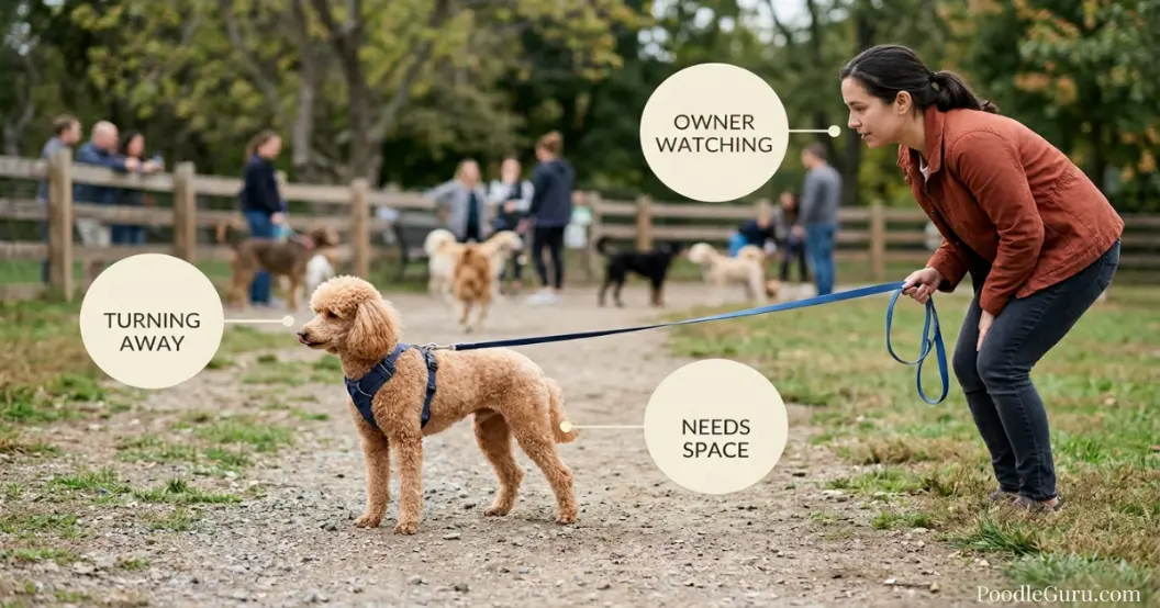 Miniature poodle showing subtle stress signs like lip lick at dog park