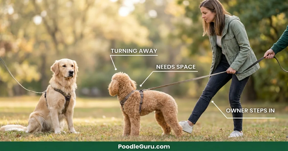 Poodle body language stress signals around another dog during a supervised greeting