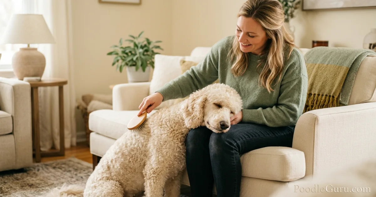 Owner brushing poodle coat, poodle resting head on knee, bonding moment