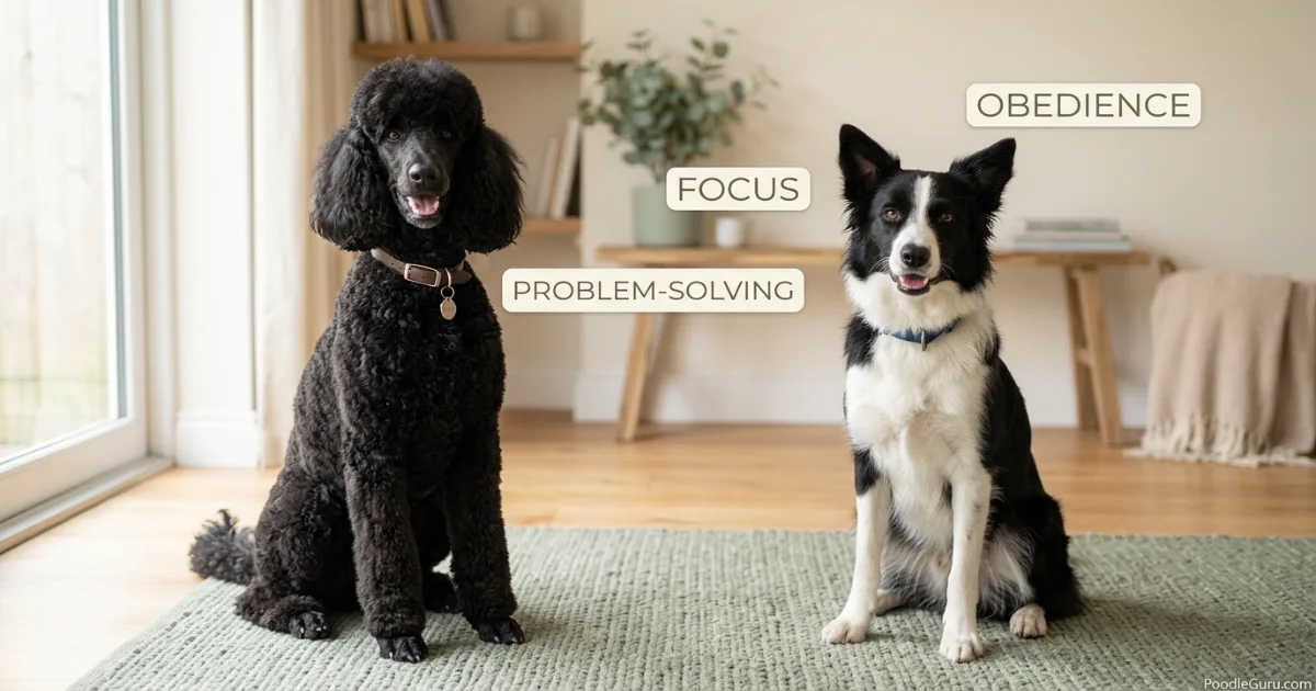 Poodle and Border Collie sitting calmly side by side for breed intelligence comparison