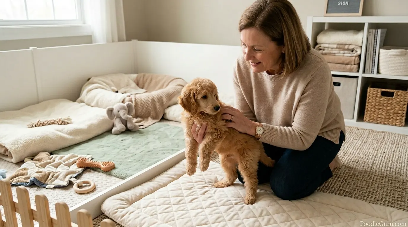 Poodle puppy socialization timeline breeder protocol with gentle early handling and safe puppy exposure
