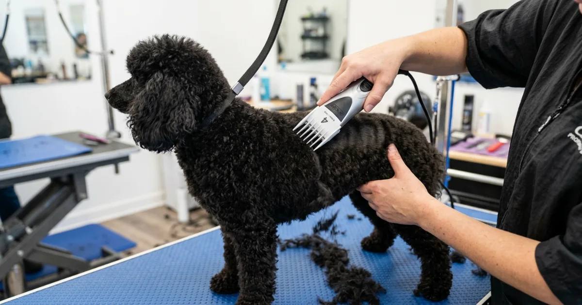 Poodle coat being brushed out before a kennel cut trim