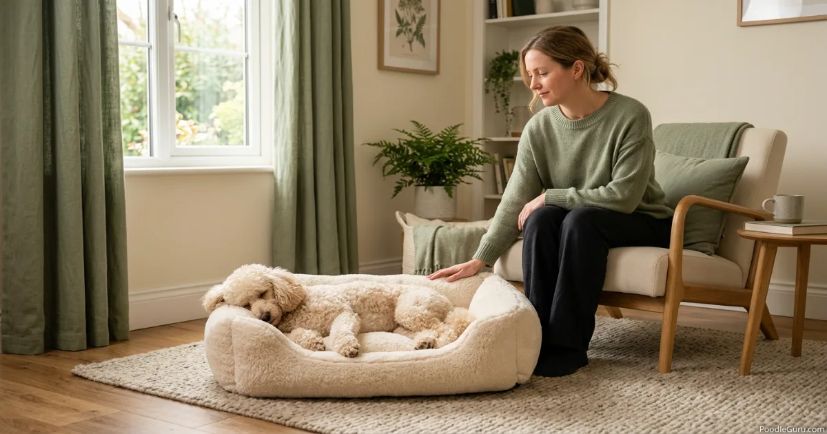 Calm Miniature Poodle resting near owner in a peaceful indoor setting