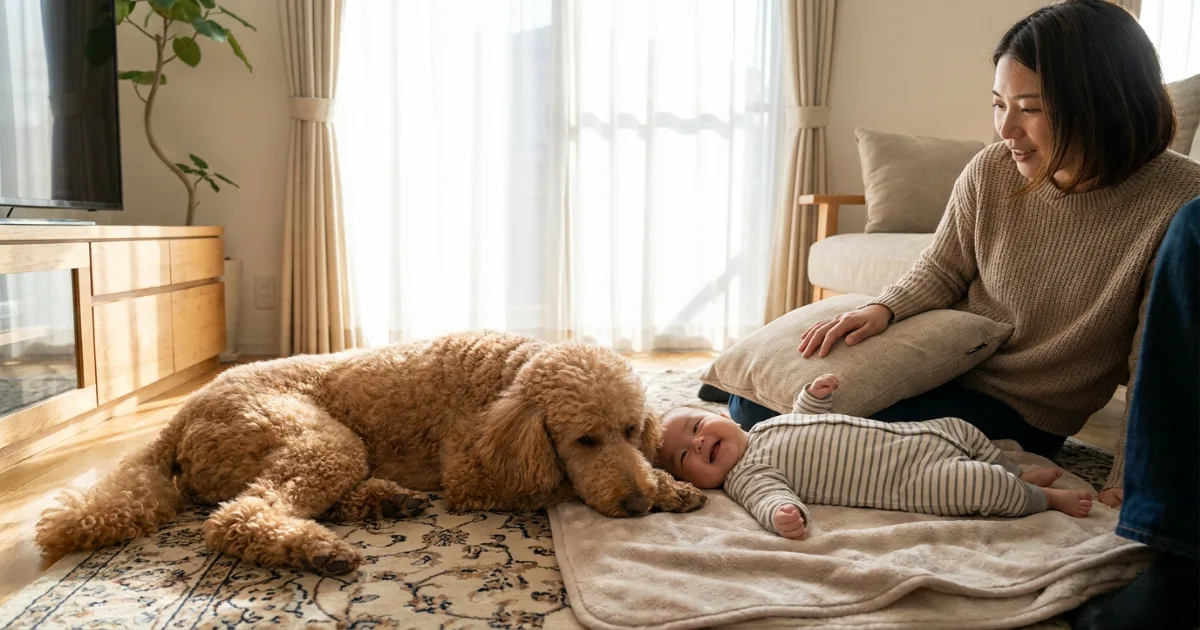 Miniature Poodle sitting calmly while owner holds a newborn baby, successful introduction