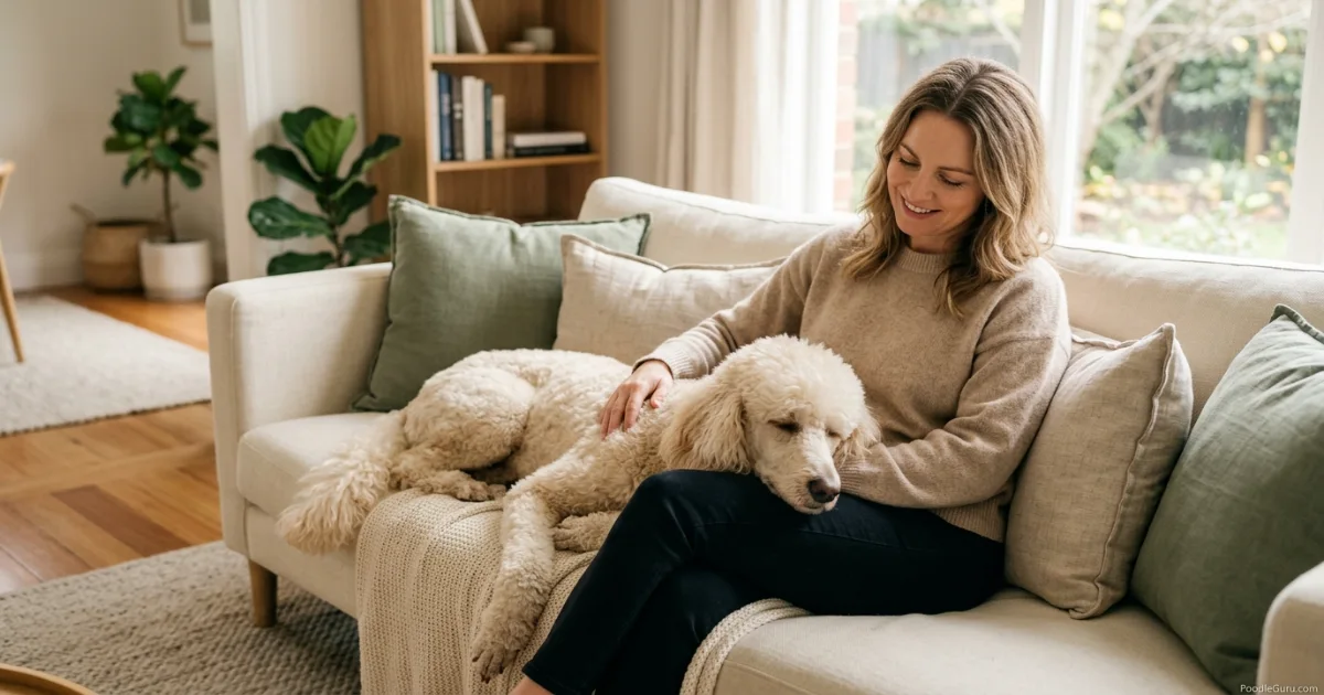 Calm Standard Poodle resting with owner on a sofa