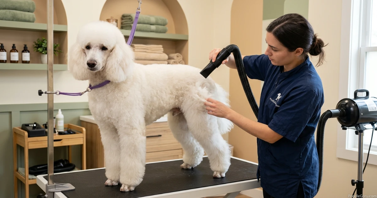 Standard Poodle being blow dried to prevent bad mildew odor after bathing