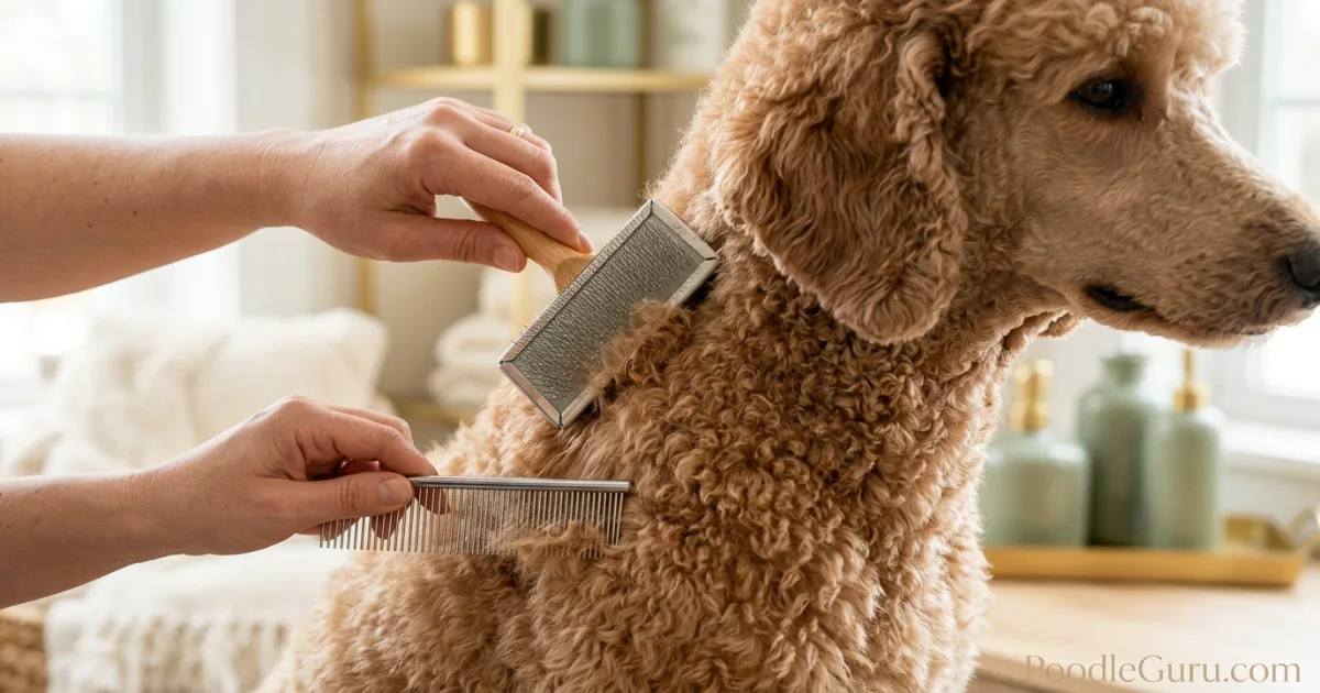 Close-up of poodle coat brushing for a poodle grooming schedule