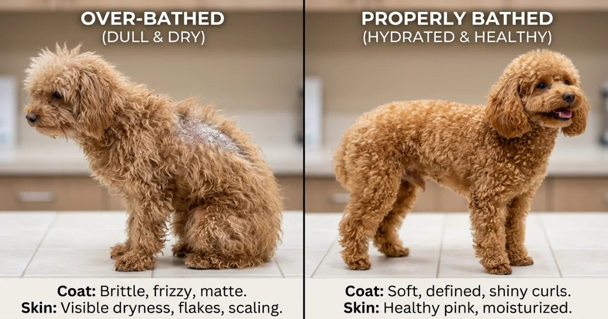 Close-up of a Poodle's dense curly coat showing natural oils and texture