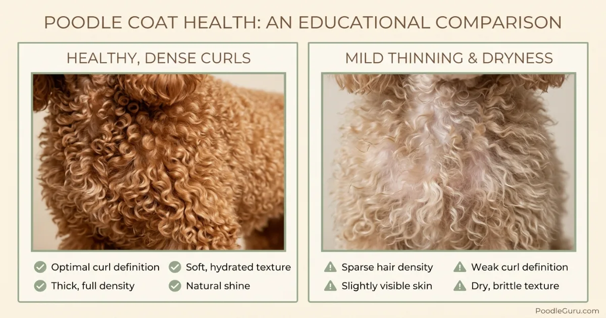 Healthy poodle coat compared with thinning poodle coat and visible skin