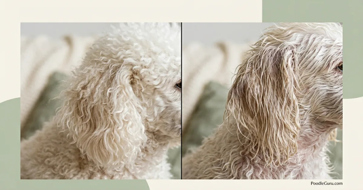 Close-up comparing dry poodle hair texture and wet matted poodle hair