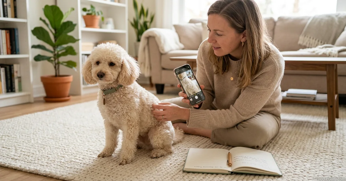Owner documenting poodle hair loss recovery with photos and notes