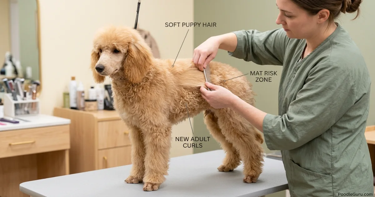Poodle puppy coat transition showing mixed puppy hair and new adult curls