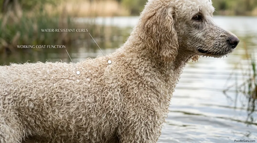 Close-up of water beading on a poodle's curly coat after swimming, demonstrating the original water-resistant function