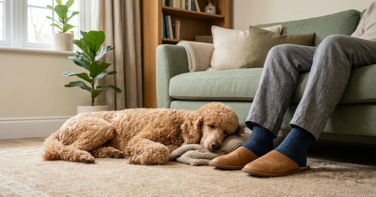 Owner crouching with open arms inviting poodle to come, using consent cue